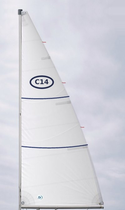 White Dacron mainsail for the Capri 14: cross-cut panels, batten pockets White Dacron mainsail for the Capri 14: cross-cut panels, batten pockets