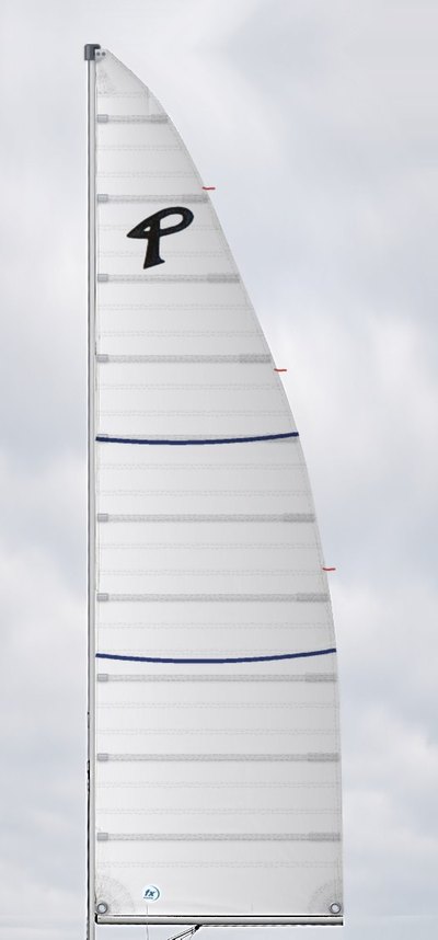 White Dacron mainsail to fit the Prindle 18: full-length battens, big roach White Dacron mainsail to fit the Prindle 18: full-length battens, big roach
