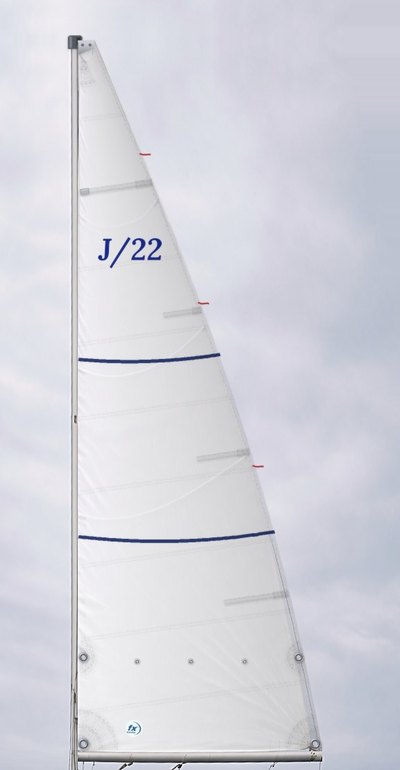 J22 Mainsail: Cross-Cut: white Dacron, cross-cut panels, class insignia J22 Mainsail: Cross-Cut: white Dacron, cross-cut panels, class insignia
