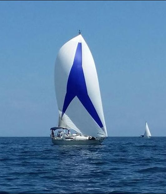 Blue and white spinnaker offshore