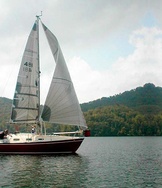 Mainsail and jib on a lake