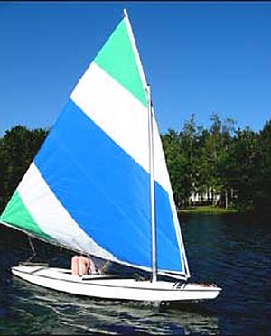 Turquoise, blue and white Sunfish sail